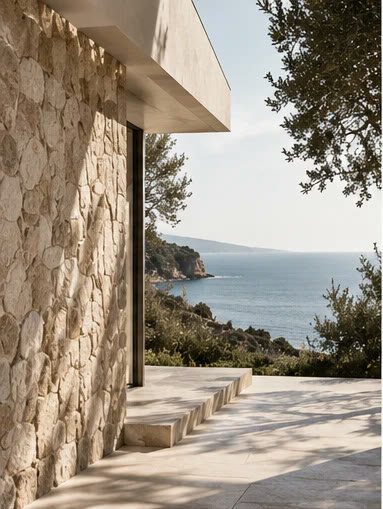 Sandstone wall and travertine terrace overlooking the sea