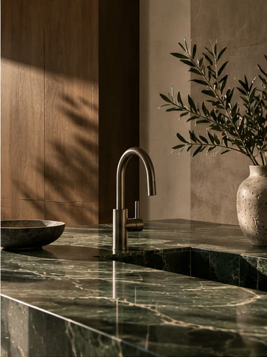Green marble benchtop with a brushed brass tap