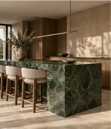 Kitchen with a green marble island and timber joinery