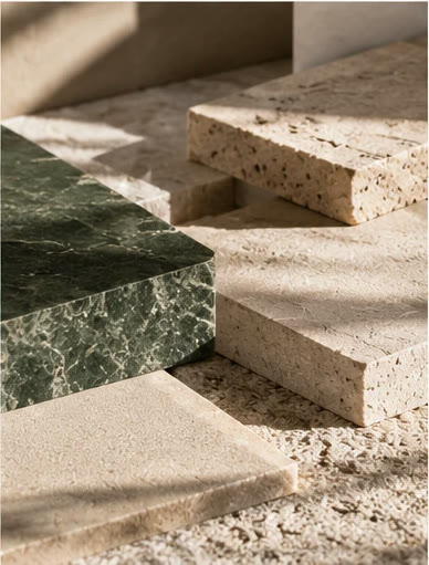 Stacked green marble and travertine slabs