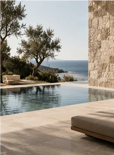 Travertine pool terrace with sea views